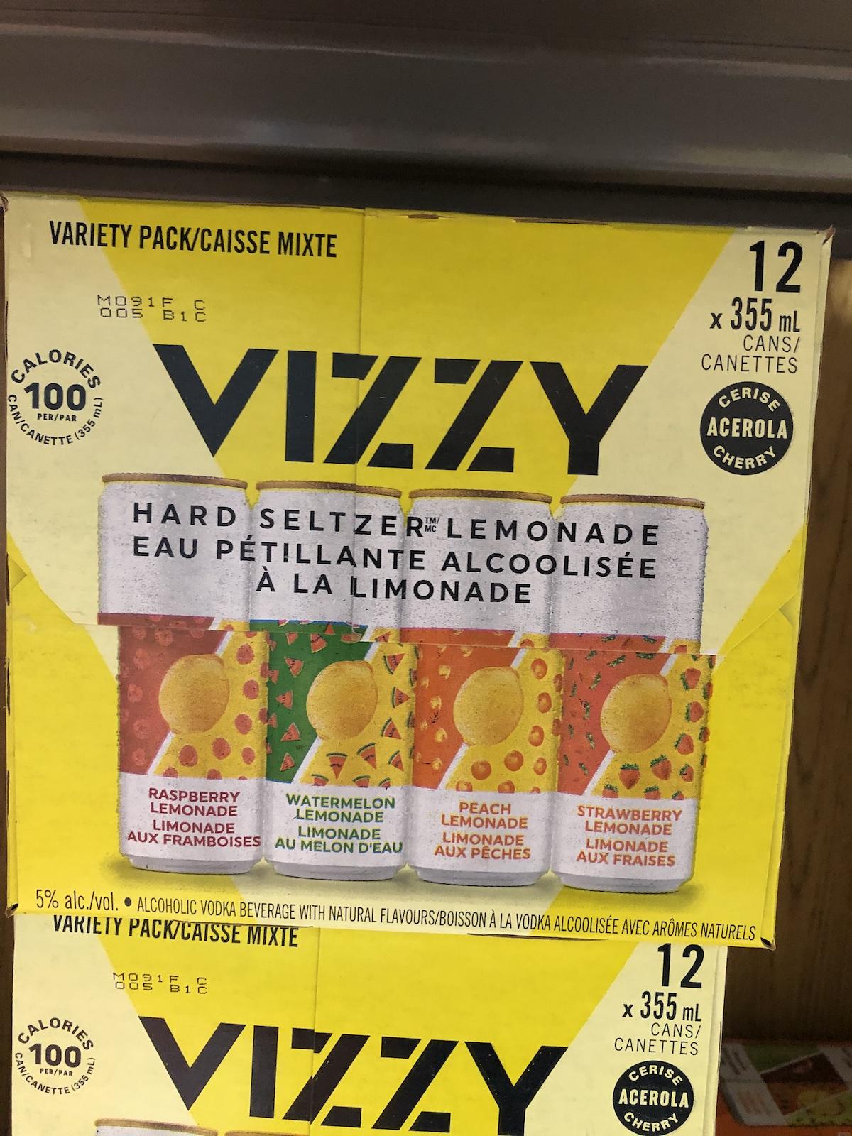 Picture of a box of gluten free Vizzy hard seltzers.