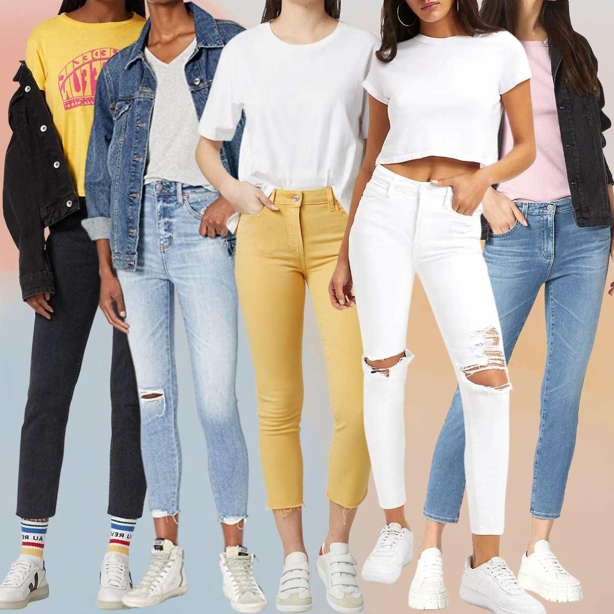 Collage of 5 women wearing retro sneakers with skinny jeans outfits.