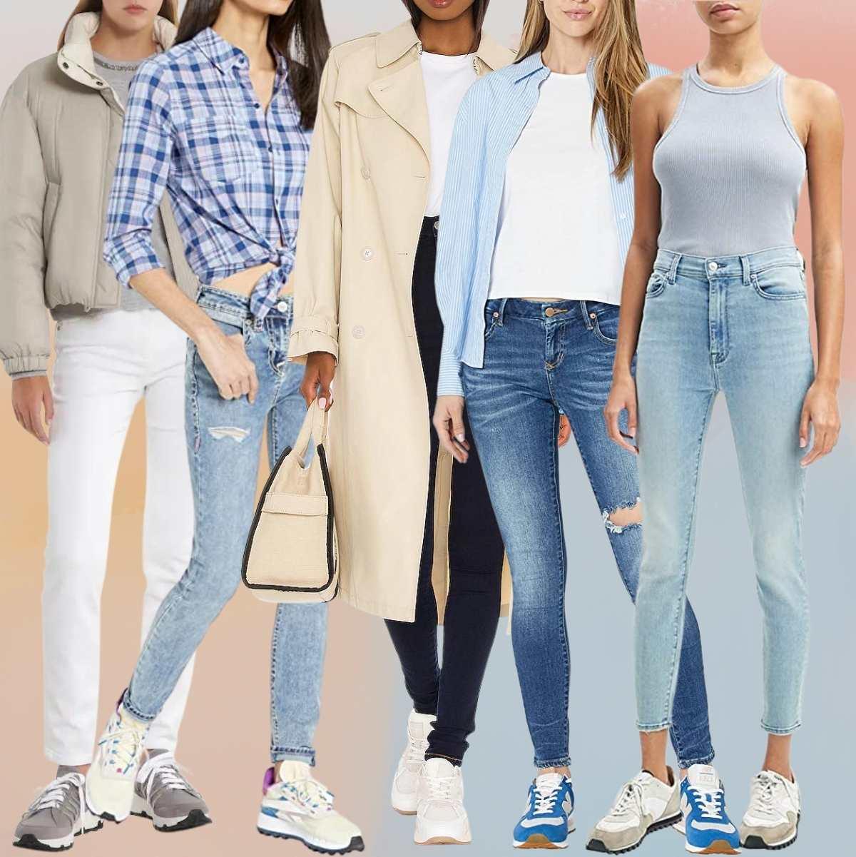 White copy reading the best shoes to wear with skinny jeans over collage of 6 women wearing different skinny jeans outfits.