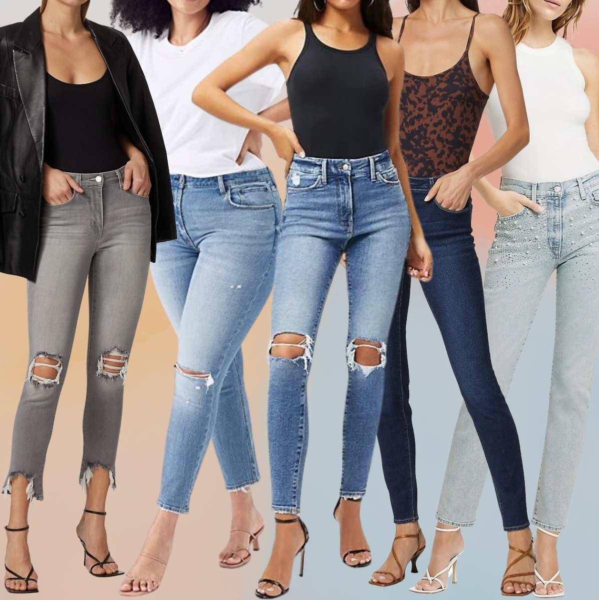 Collage of 5 women wearing strappy high heels with skinny jeans outfits.