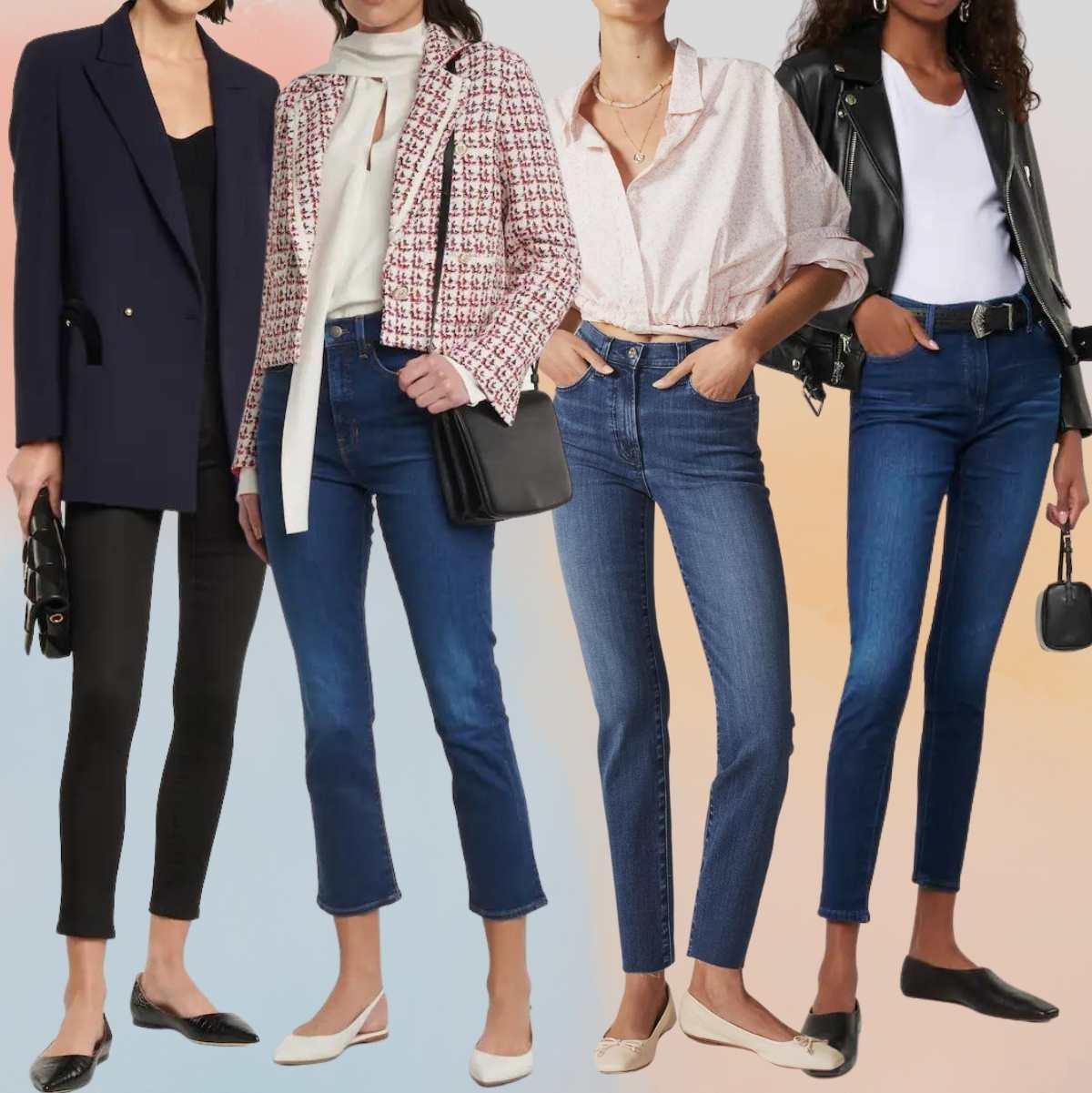 Collage of 4 women wearing flat strappy sandal shoes with skinny jeans outfits.