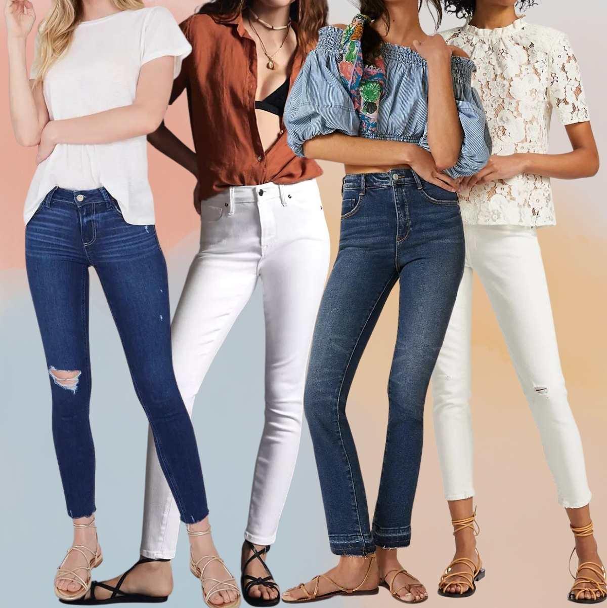 Collage of 5 women wearing slides with skinny jeans outfits.