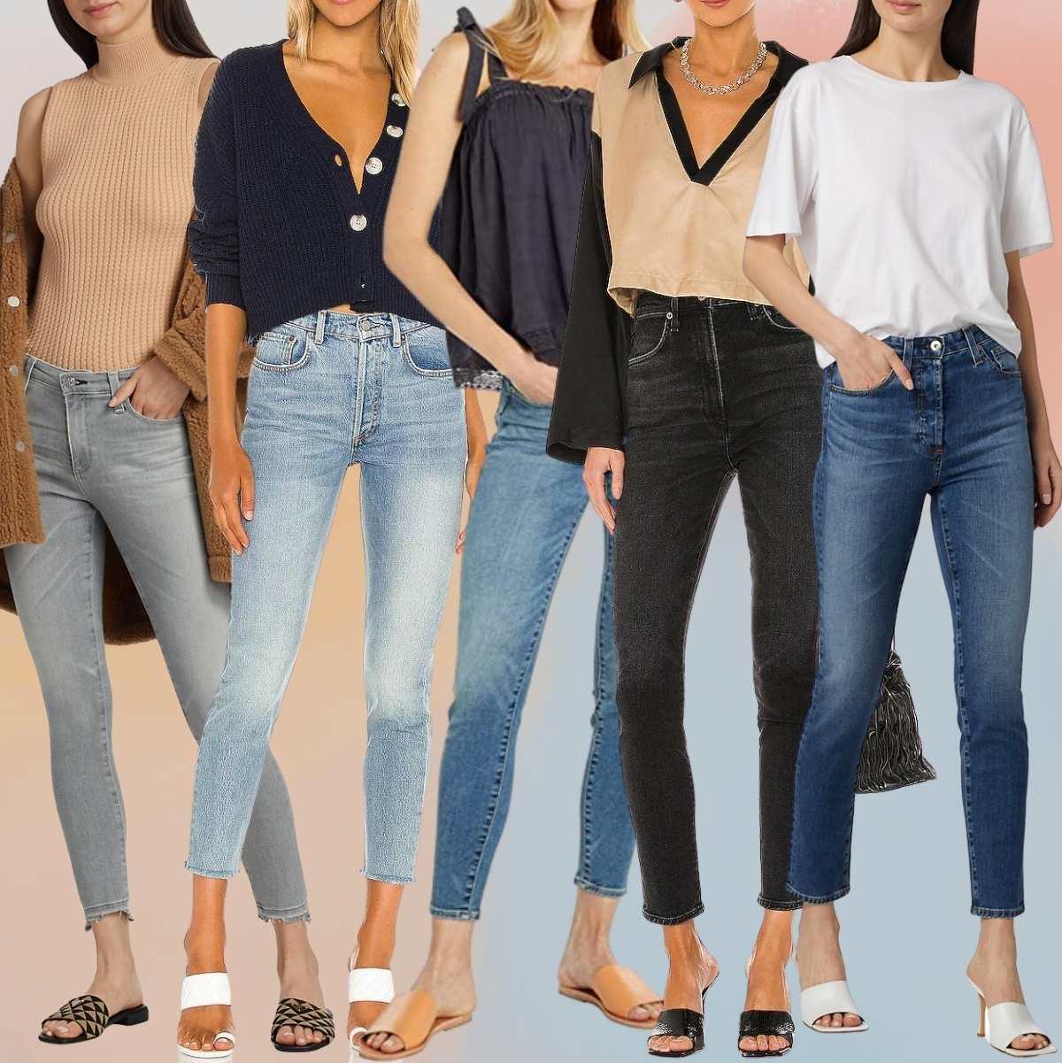 Collage of 5 women wearing boots for skinny jeans outfits.