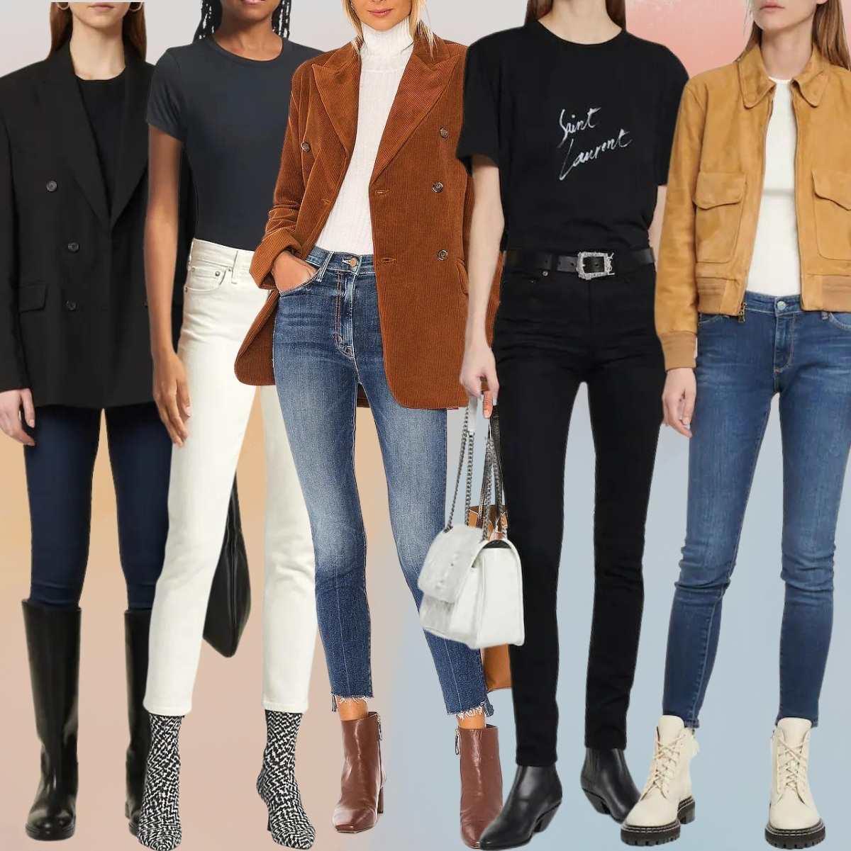 Collage of 4 women wearing different knee high boots with skinny jeans.