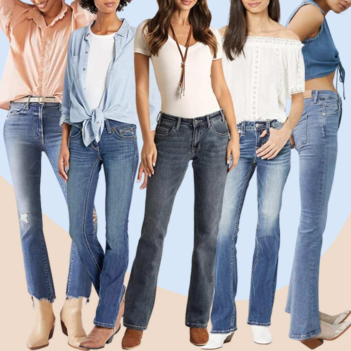 Collage of 4 women wearing pointed toe ankle boots and bootcut jeans outfits.