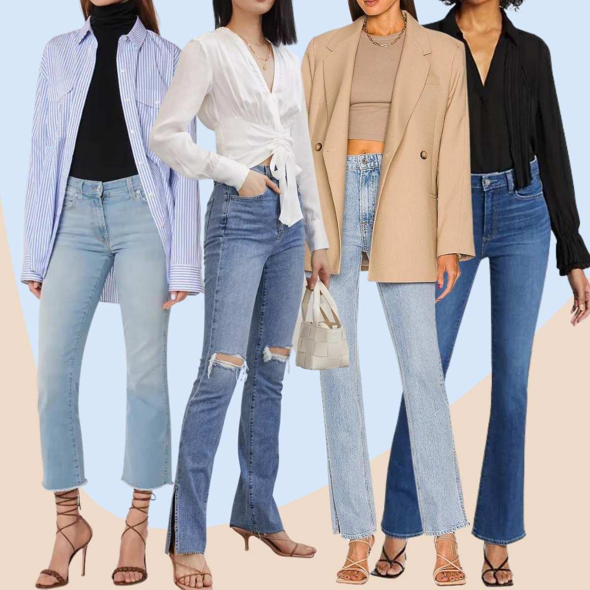 Collage of 4 women wearing pumps with bootcut jeans outfits.