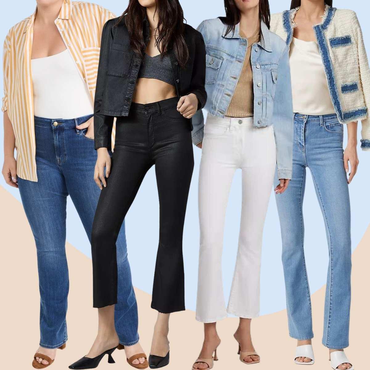 Collage of 4 women wearing slides with bootcut jeans outfits.