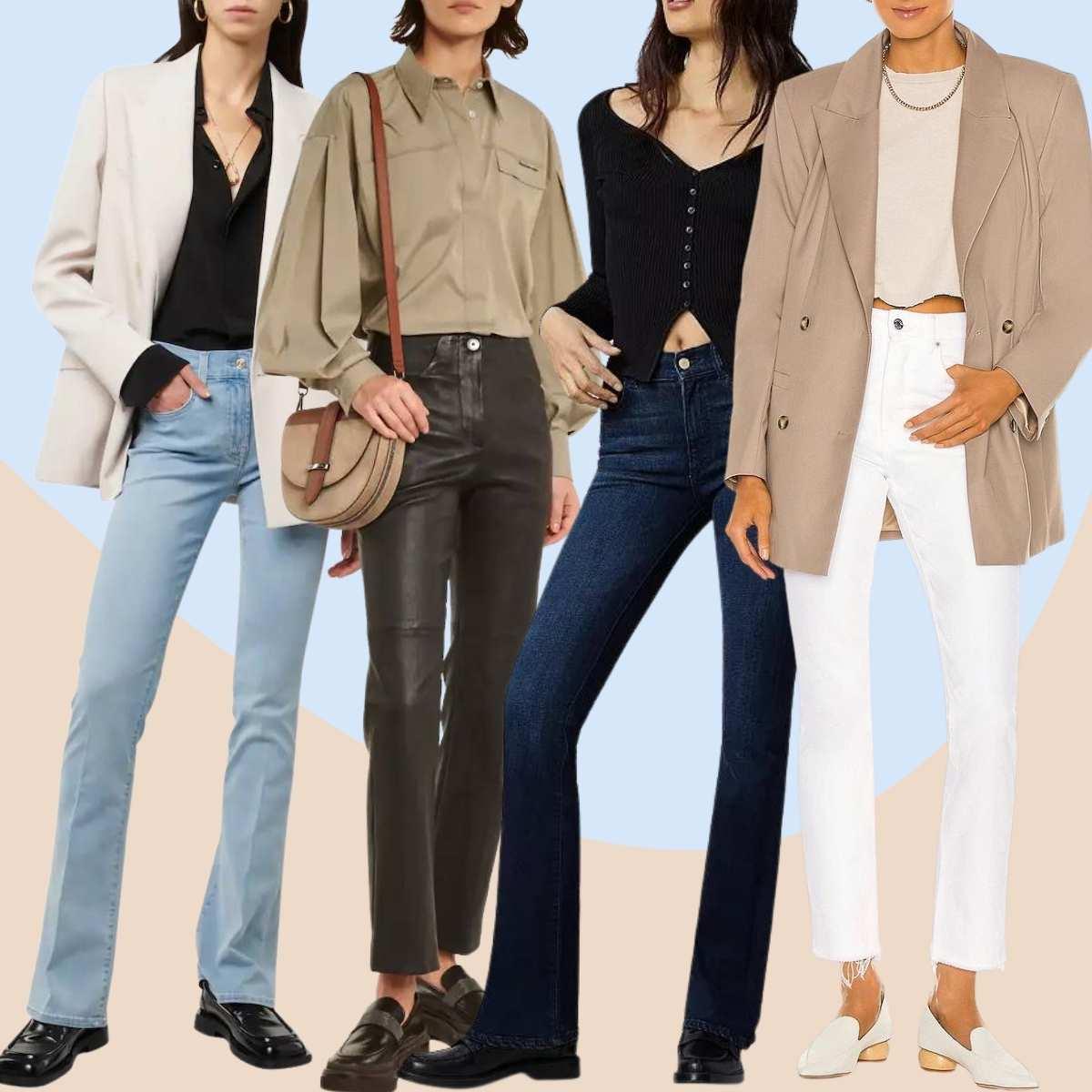 Collage of 5 women wearing cowoby boots and bootcut jeans outfits.