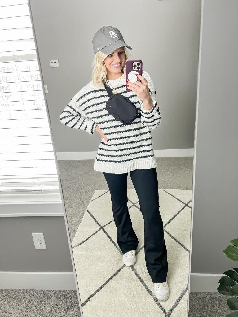 striped sweater and flare leggings