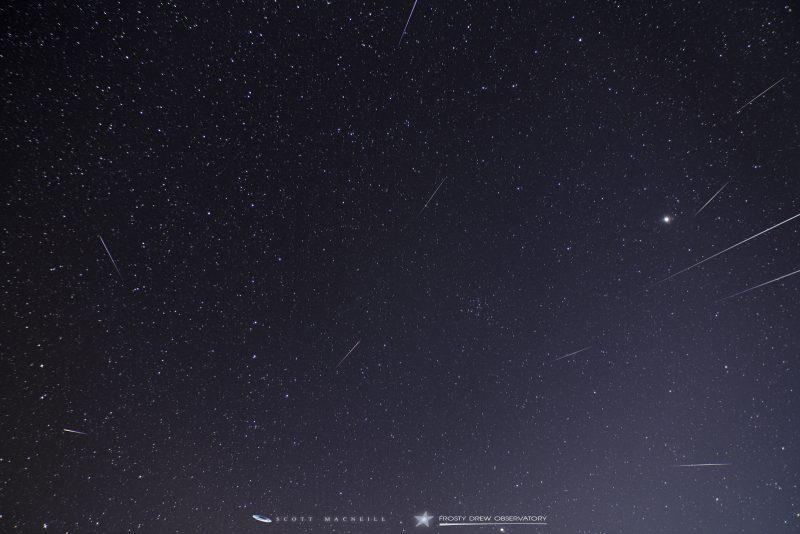 Starry sky with many thin meteor trails radiating out from one point.