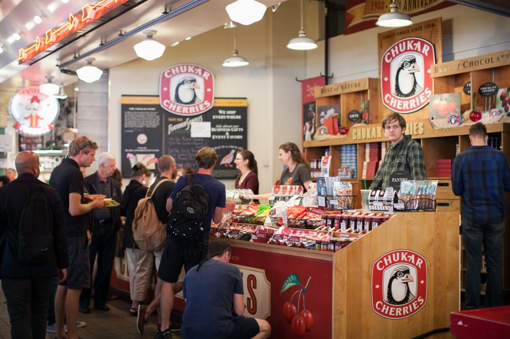 crowds, farmers stall, high stall, market vendors, chukar cherries