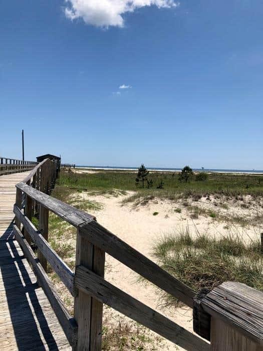 top photo: sunset at the beach in Alabama bottom left: walking along a path at Dauphin Island bottom right: walking through a forest area