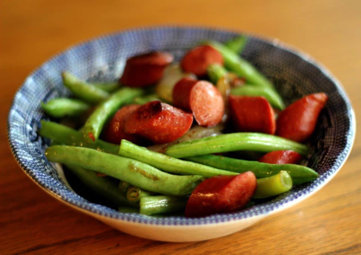 Fresh hot dog stir fry in a bowl.