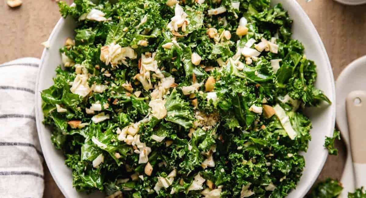 Kale crunch salad on a white plate.