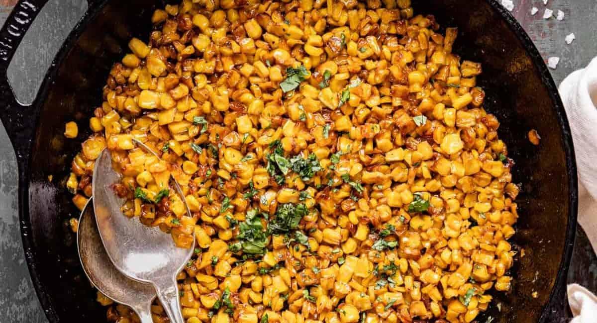 Crispy corn in a cast iron pan.