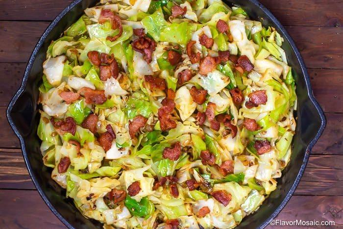 Horizontal close up photo of roasted brussels sprouts with bacon and balsamic
