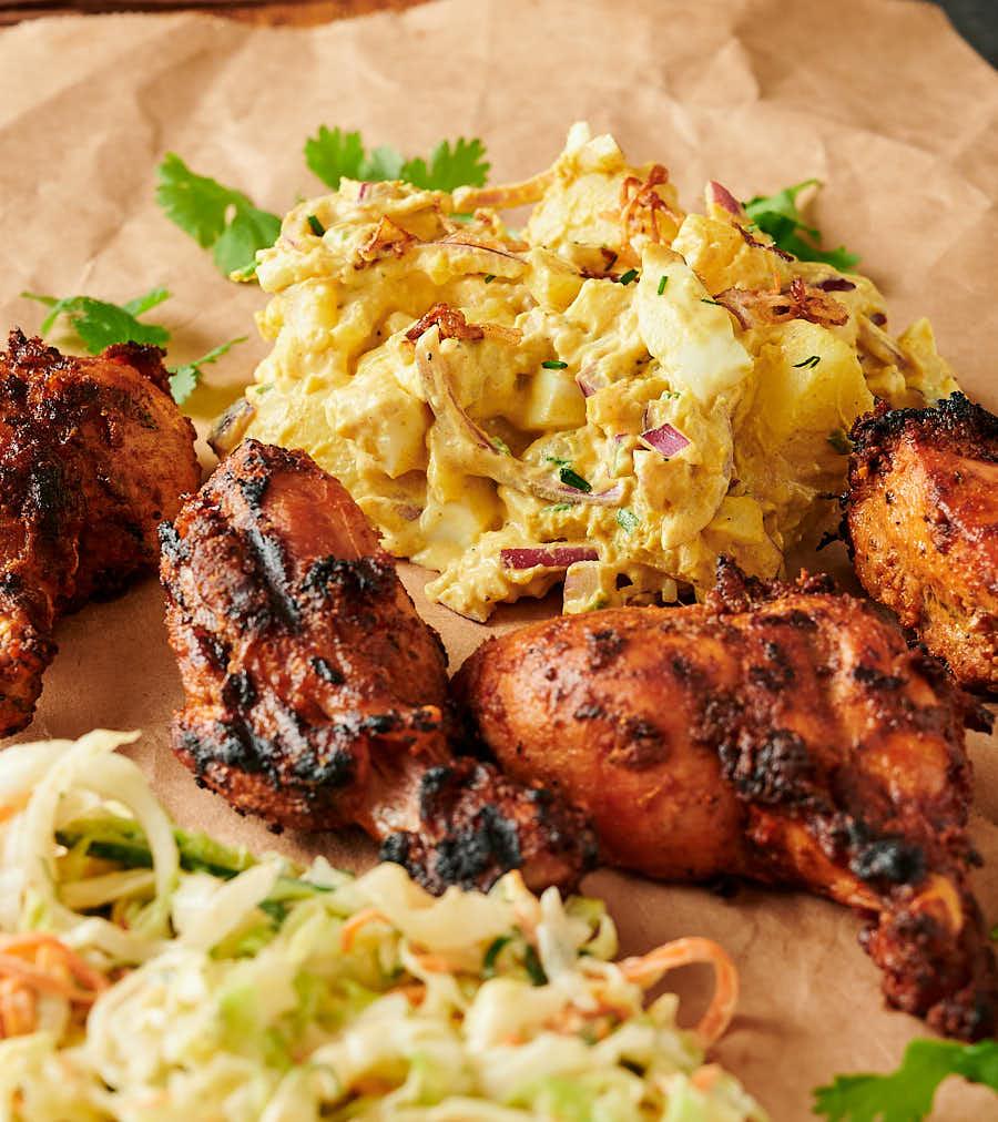 Curried potato salad, tandoori chicken and Indianish slaw from the front.