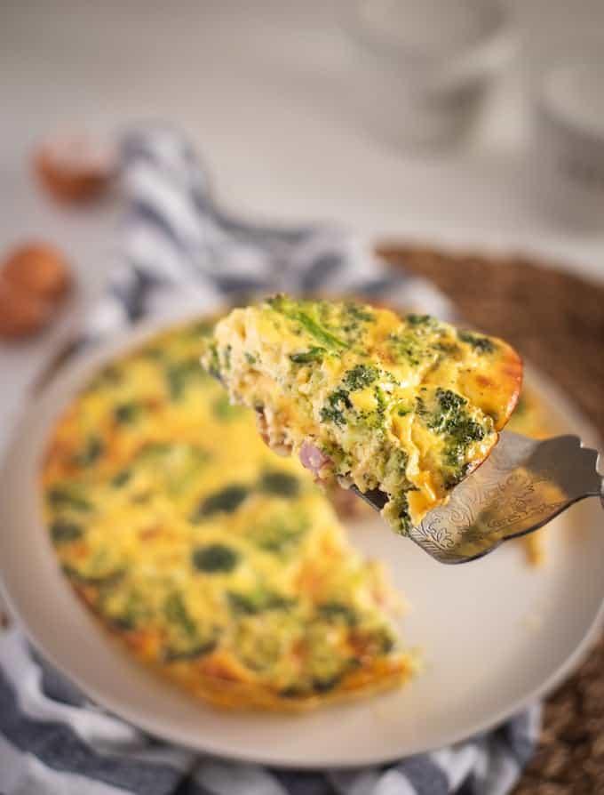 Slice of egg frittata on a plate.