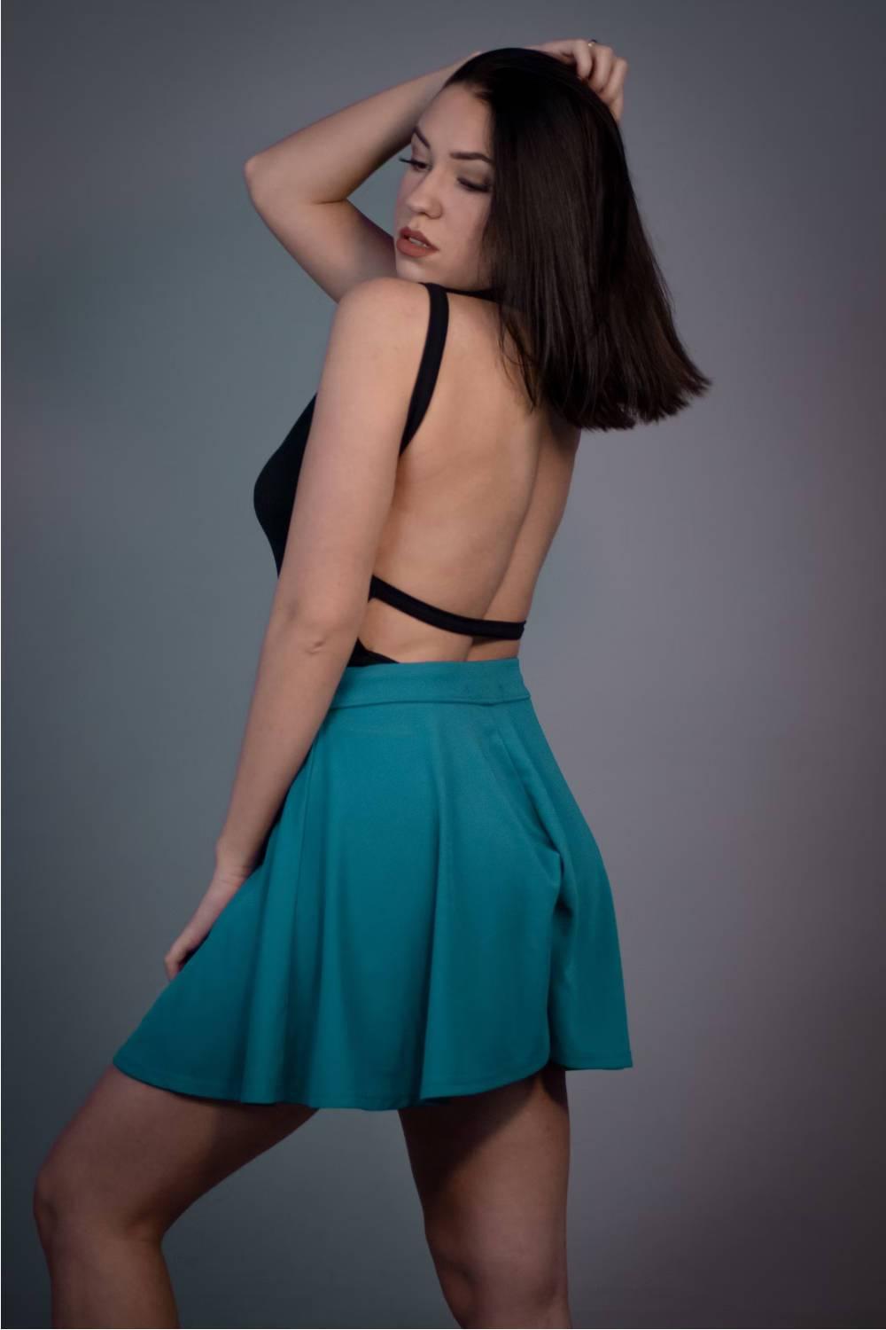 open back green skirt outfit