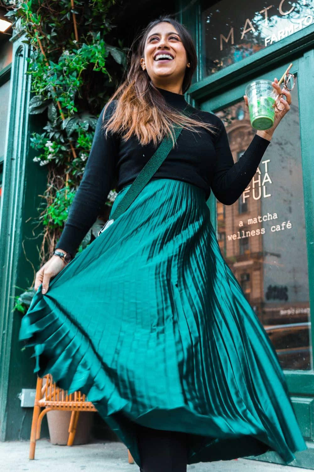 turtleneck green skirt outfit
