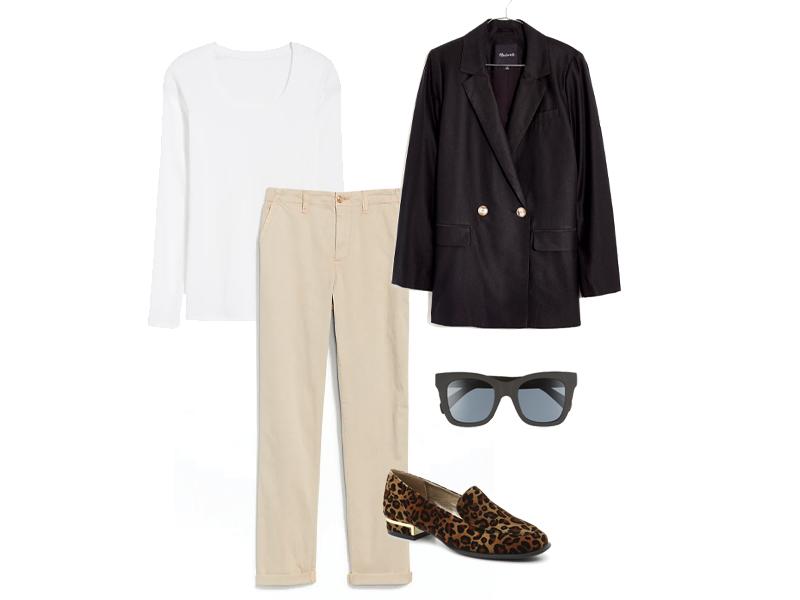 High Waisted Chino in Tan, white scoop neck long sleeve tee, black double breasted blazer, black sunglasses, and leopard loafers