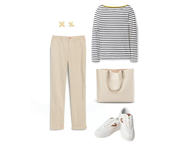 High Waisted Chino Pants in tan, navy and white breton tee, ecru leather tote, gold stud X earrings, and white and leopard tennis shoes