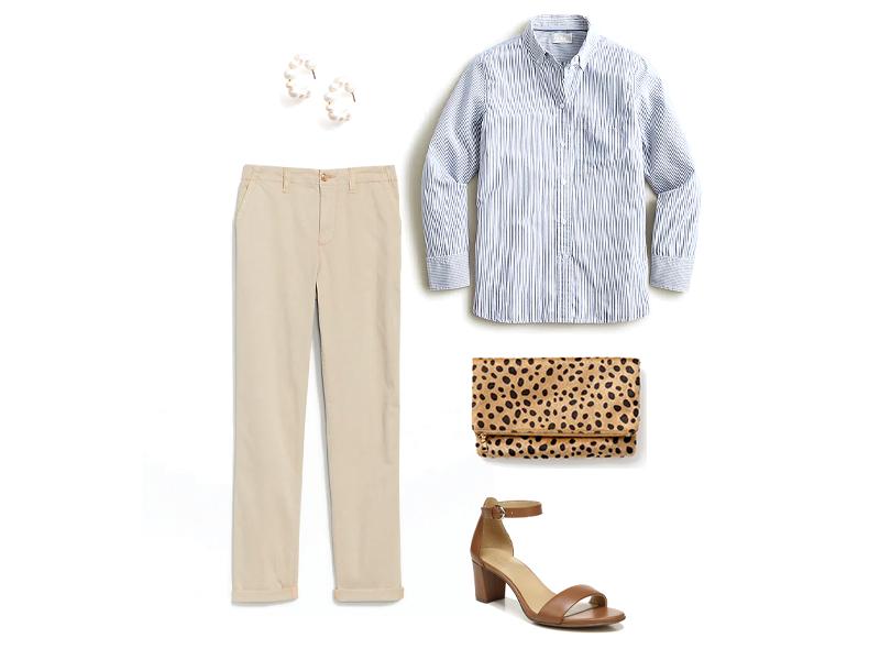 High Waisted chino pants in tan, blue pinstripe button down shirt, leopard clutch, tan ankle strap sandals, and pearl mini hoop earrings