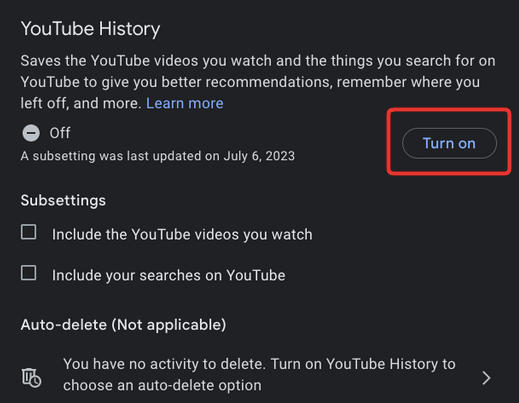 youtube turn on history settings