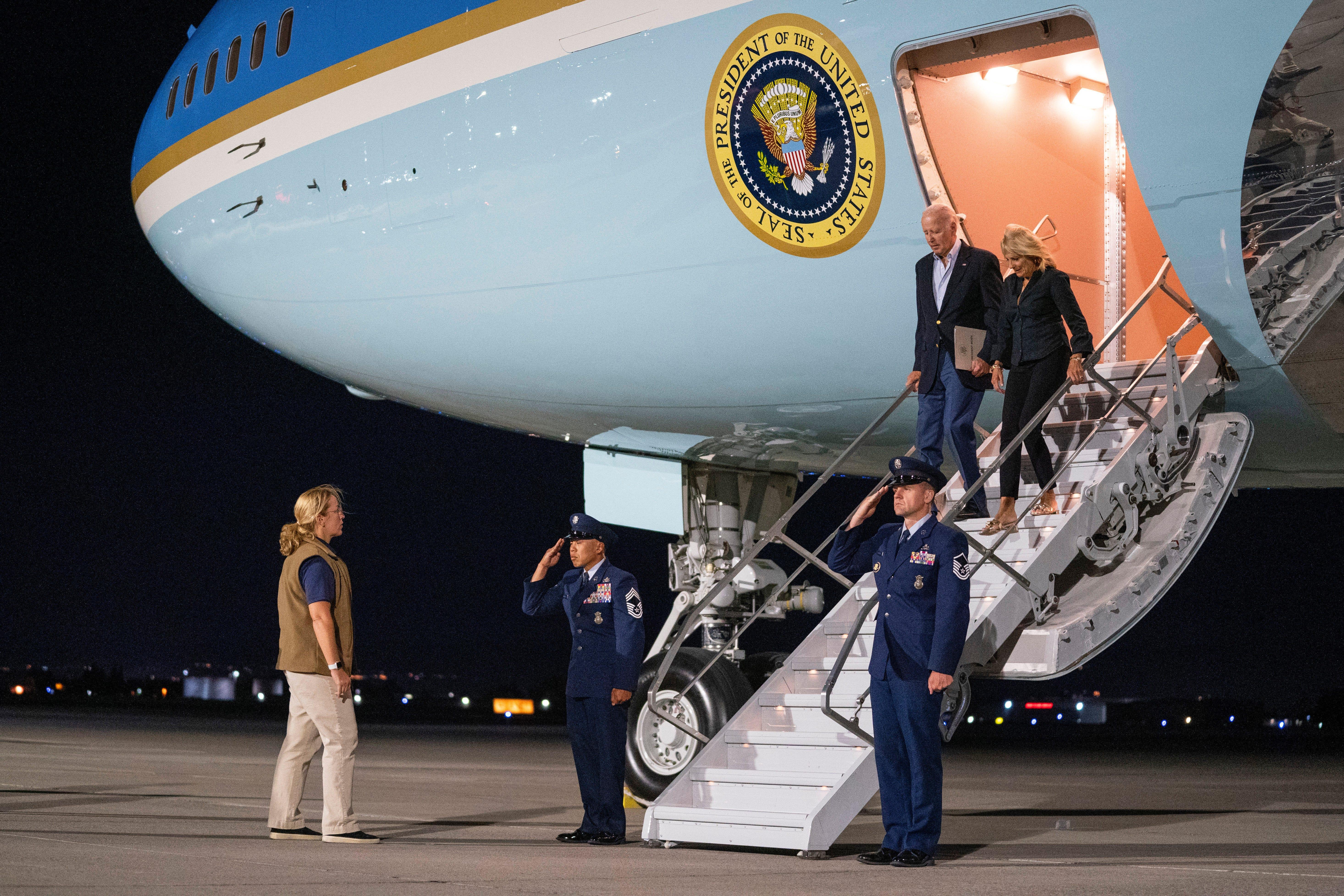 President Joe Biden and first lady Jill Biden arrive at Reno-Tahoe International Airport on Friday for a vacation at Lake Tahoe.