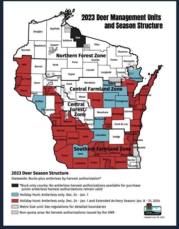 A map shows the 2023 Wisconsin deer management units and season structures.
