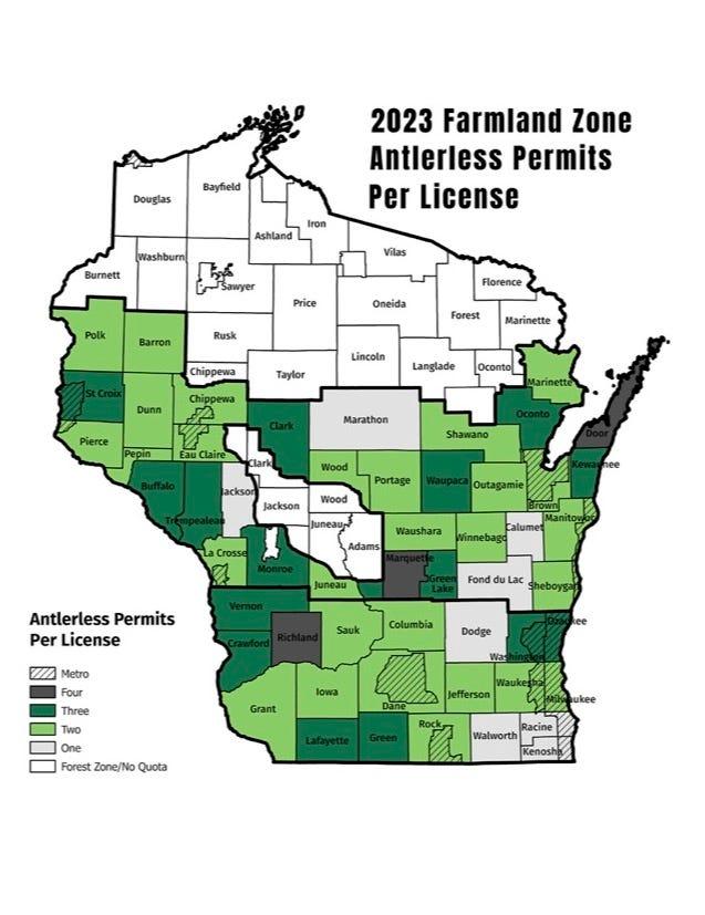 A map shows 2023 Wisconsin antlerless deer permits available per license.