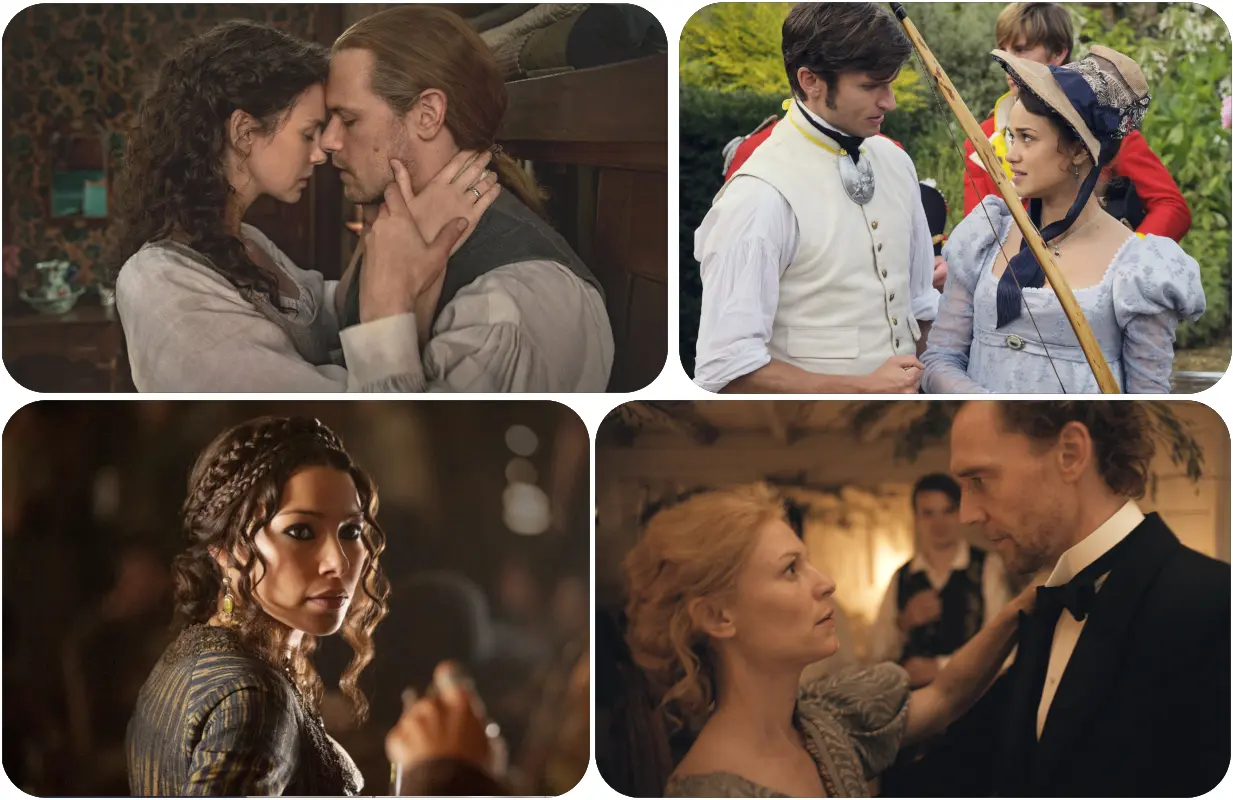 Outlander is just one of many steamy dramas on streaming. (Photos: Everett Collection/Apple; Primetimer graphic)