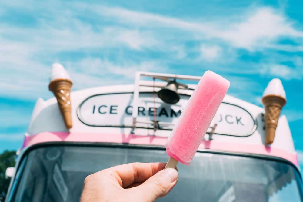 Pink ice cream with a pink ice cream truck