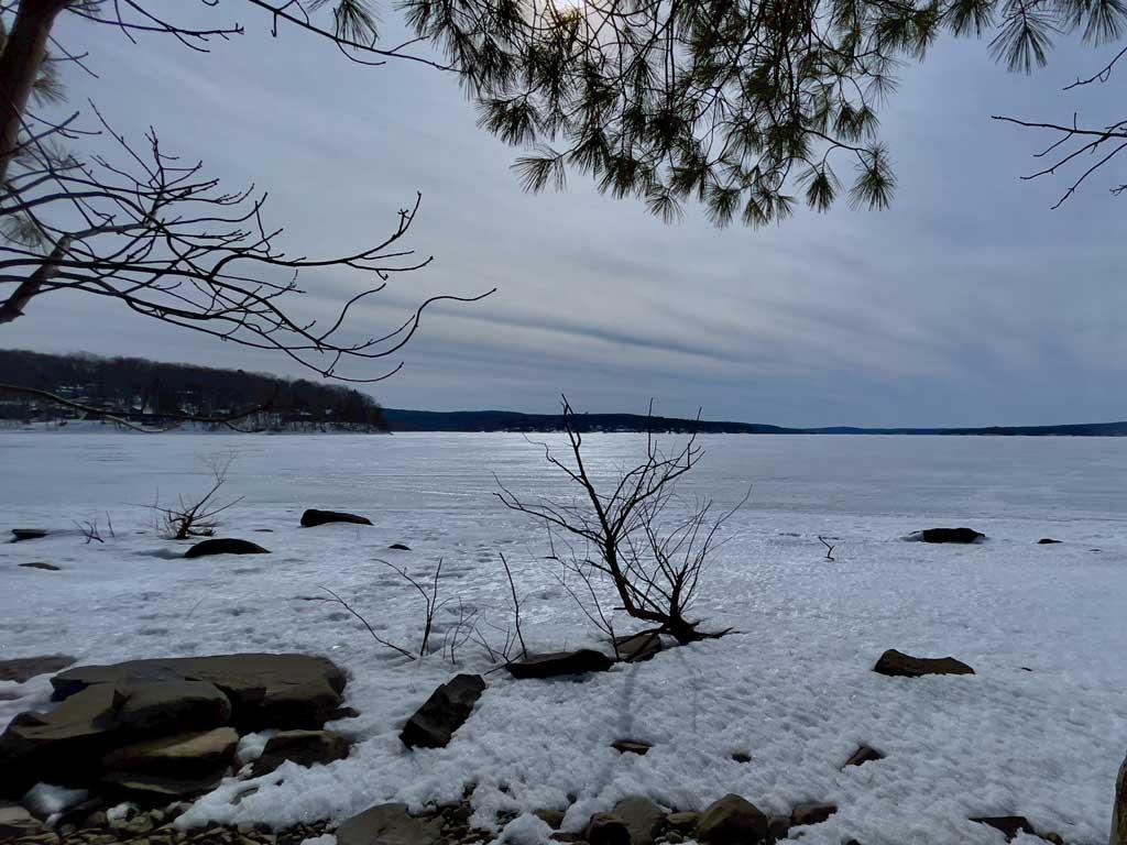 A view of a frozen Lake Wallenpaupack during the winter fishing season in Pennsylvania.