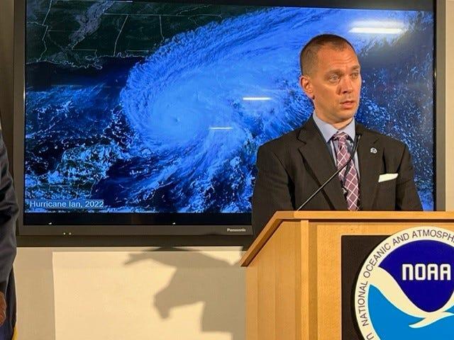 Matthew Rosencrans, lead hurricane season outlook forecaster, explains the 2023 hurricane forecast at NOAA’s Climate Prediction Center on May 25, 2023.