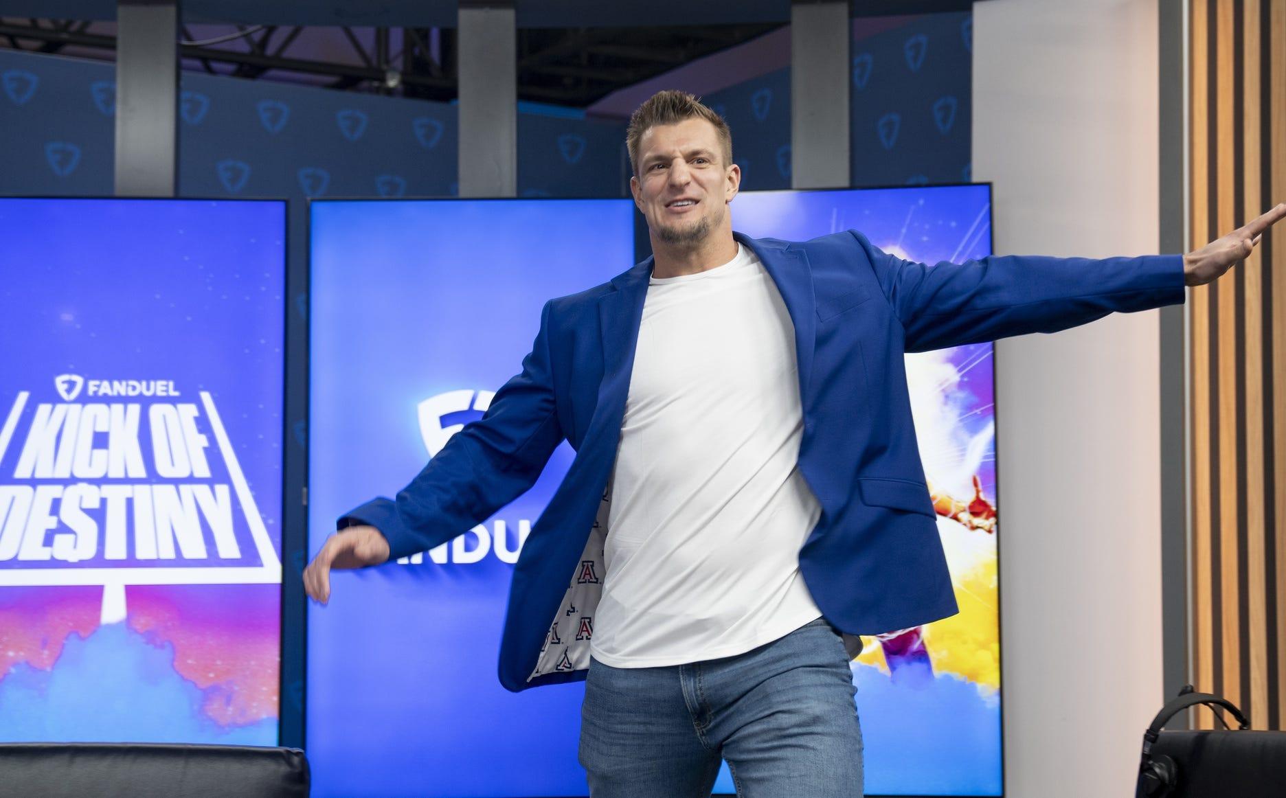 Feb 8, 2023; Scottsdale, AZ, USA; Former NFL tight end Rob Gronkowski talks about the Kick of Destiny during a press conference at the Phoenix Convention Center. Mandatory Credit: Cheryl Evans-USA TODAY Sports