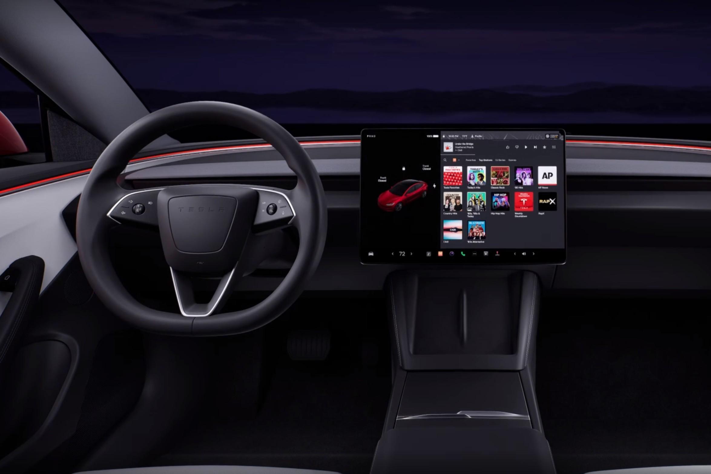 The refreshed Tesla Model 3 features wiper controls on the steering wheel.