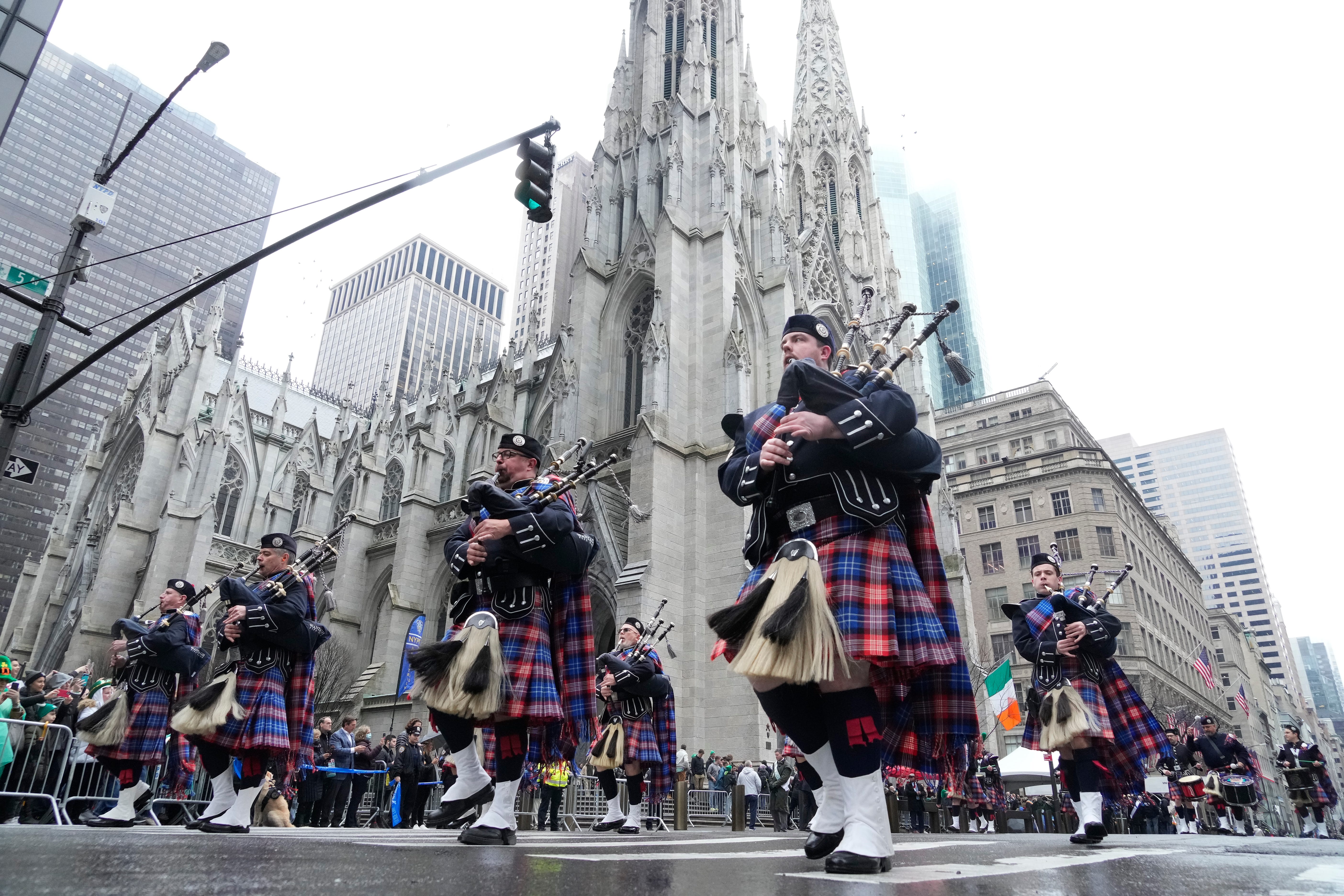 The Wantaugh Pipe Band marches in front of St. Patrick