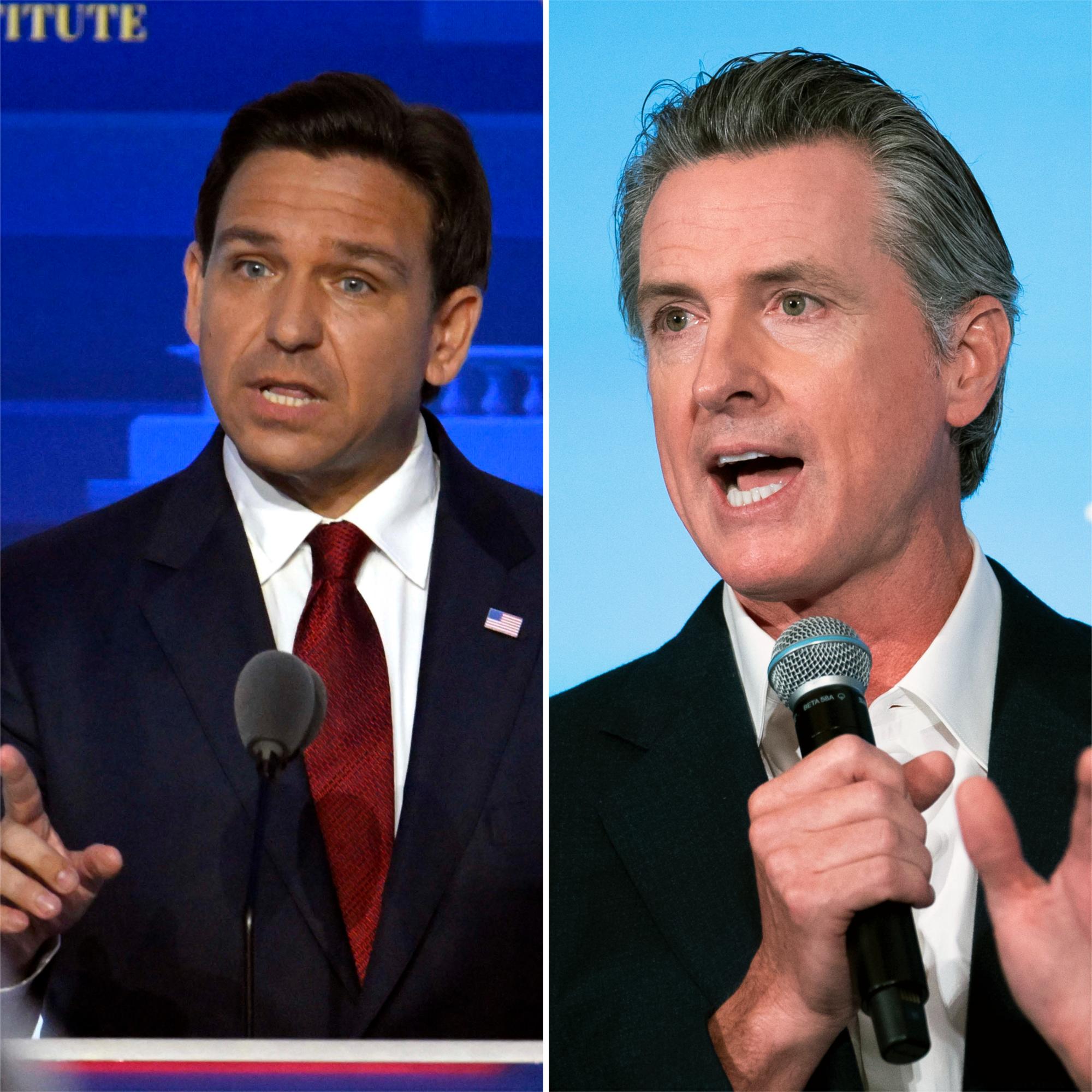 Florida Gov. Ron DeSantis and California Gov. Gavin Newsom will debate each other live on Fox News on Thursday Nov. 30, 2023.