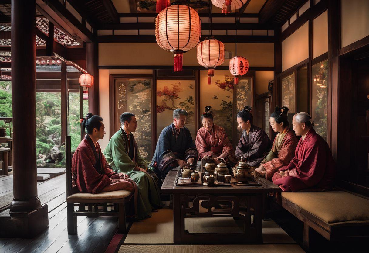 A group of people gathered around a beautifully decorated bong in a traditional Asian tea house.