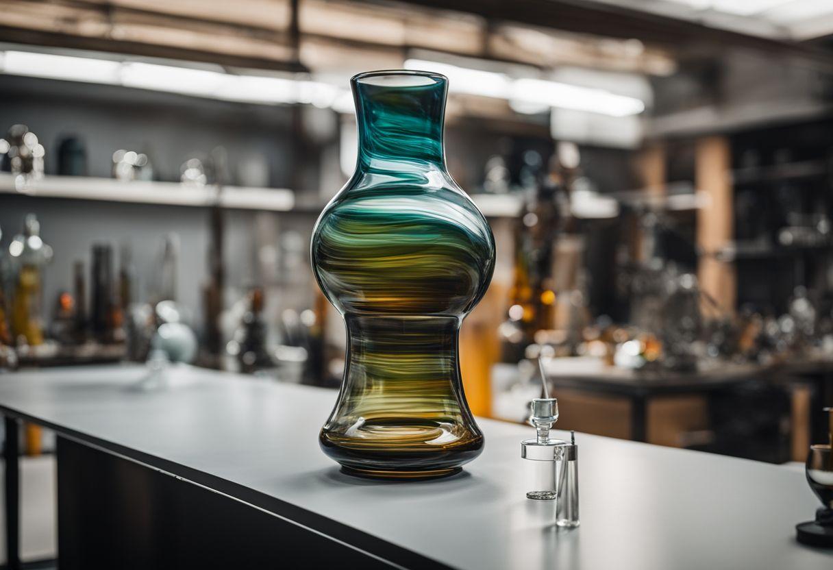 A modern glass bong on display in a glassblowing studio.