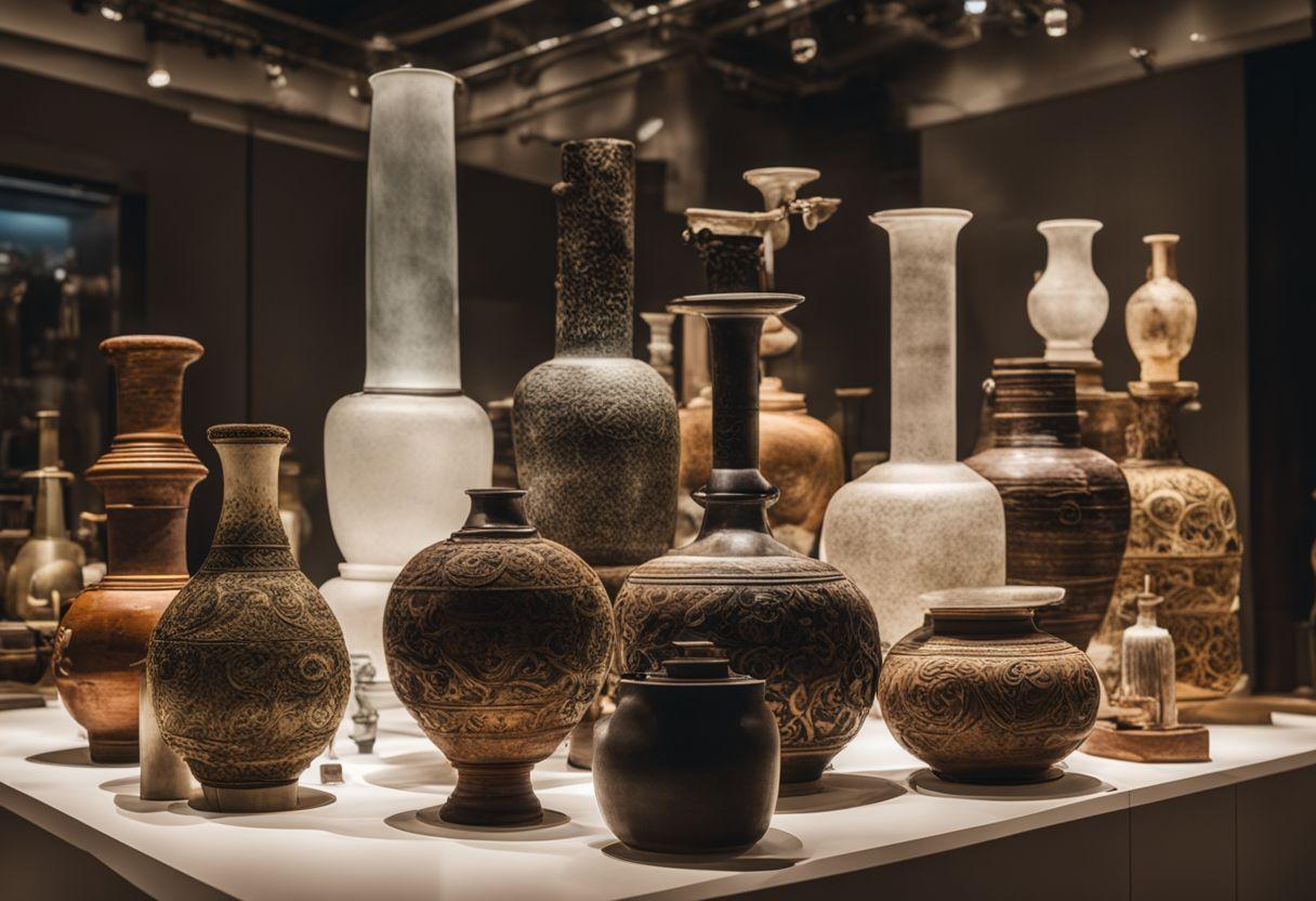 A collection of ancient and modern bongs displayed in a museum.