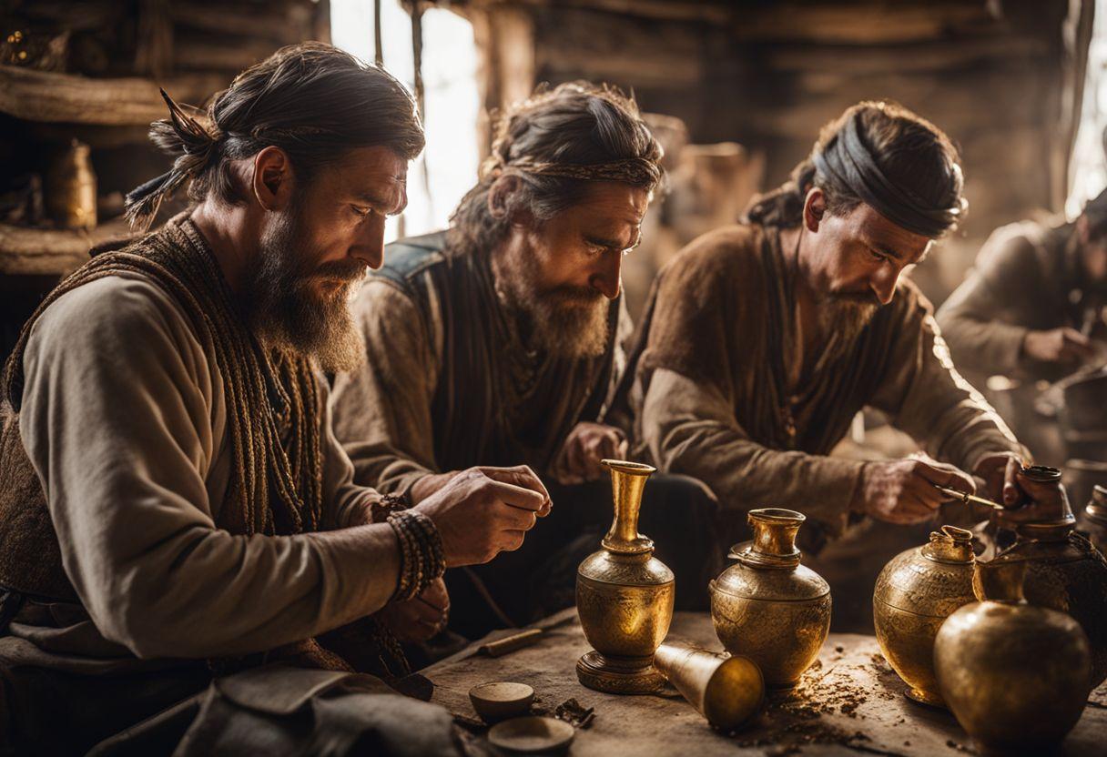 Scythian tribesmen crafting intricate gold bongs in a workshop.