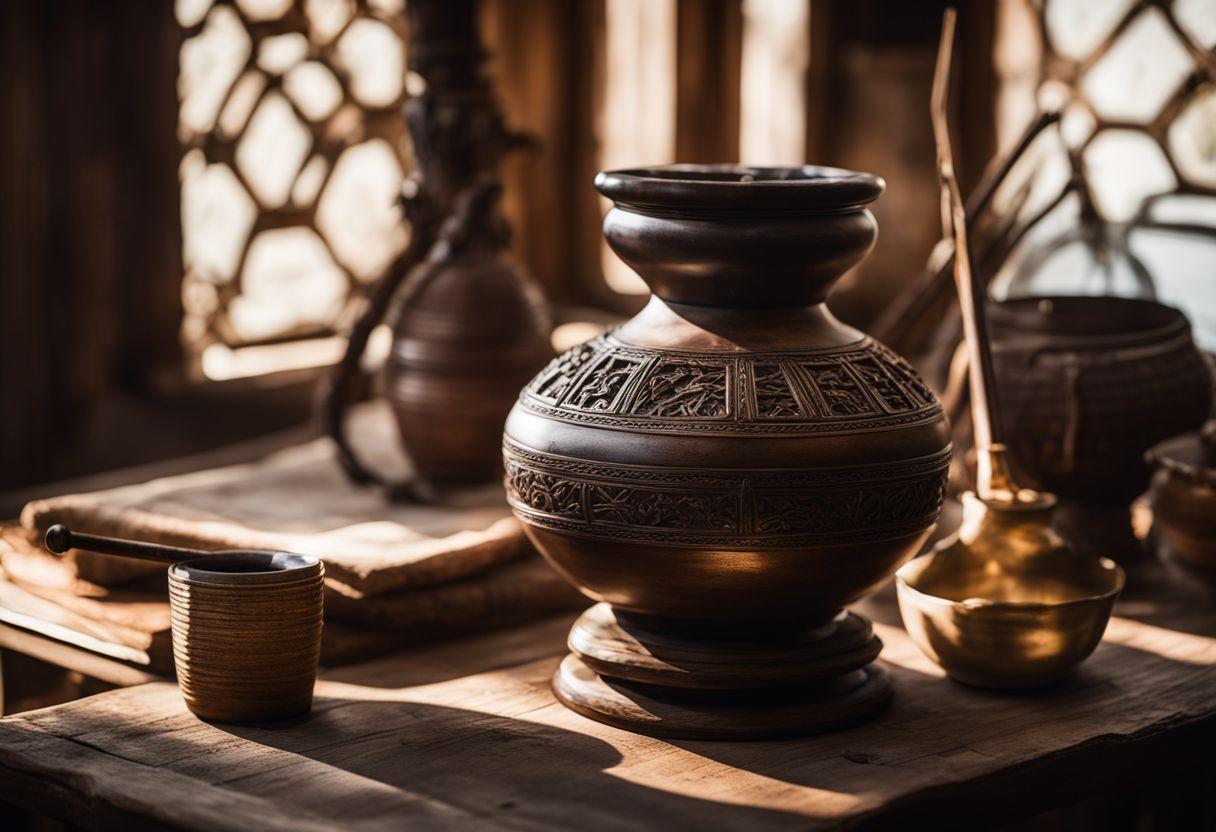 An ancient-style bong on a rustic table surrounded by cultural artifacts.
