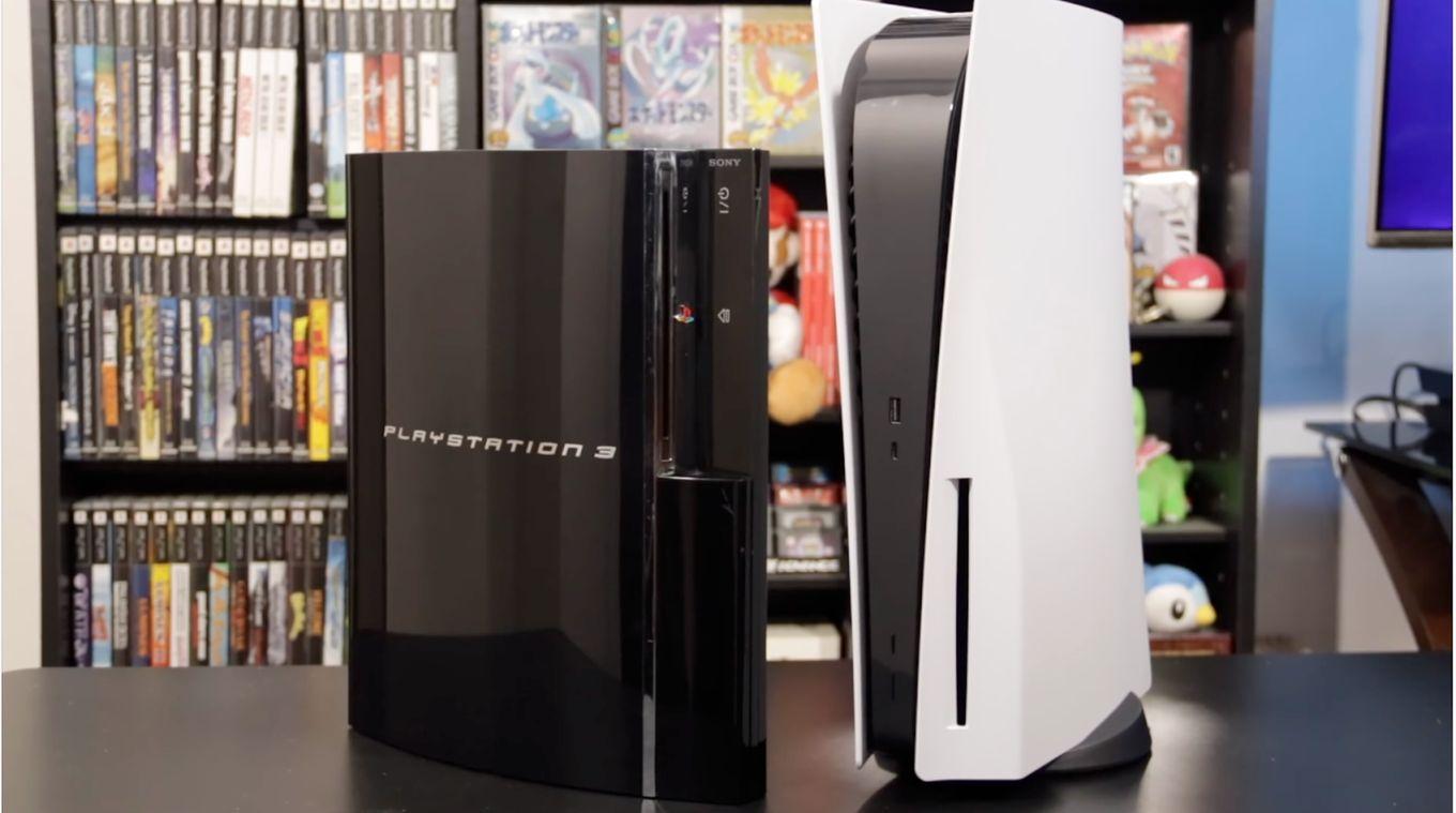 Black PS3 console and White PS5 console with game discs set as a backdrop