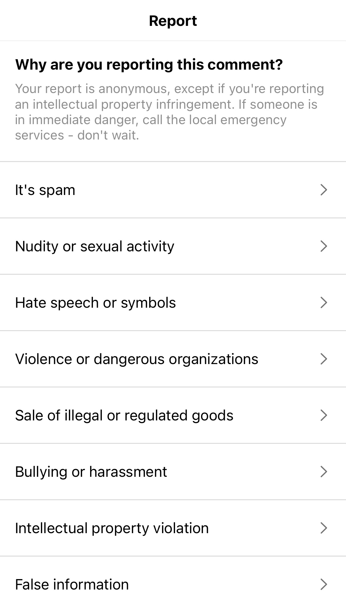 Screenshot of reporting reasons