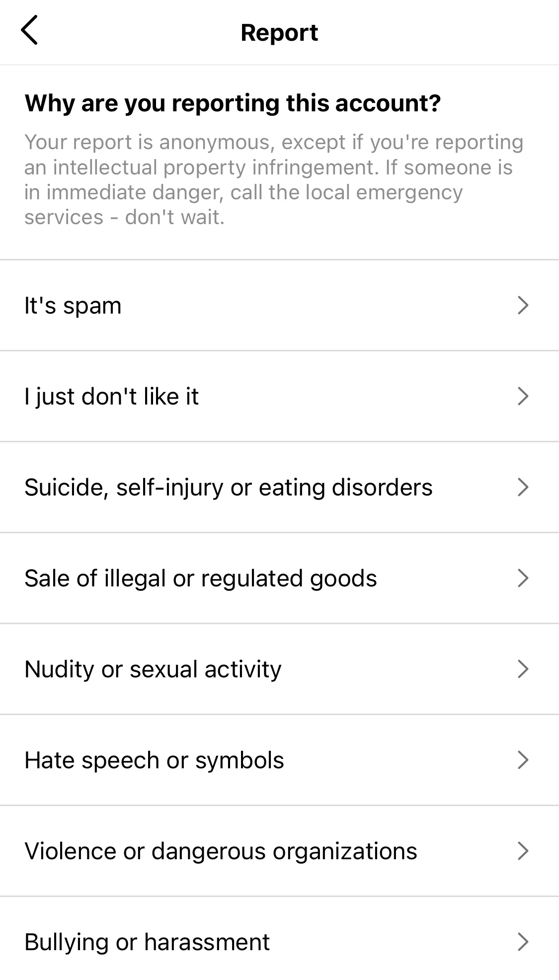 Screenshot of the reasons for an account to be reported for