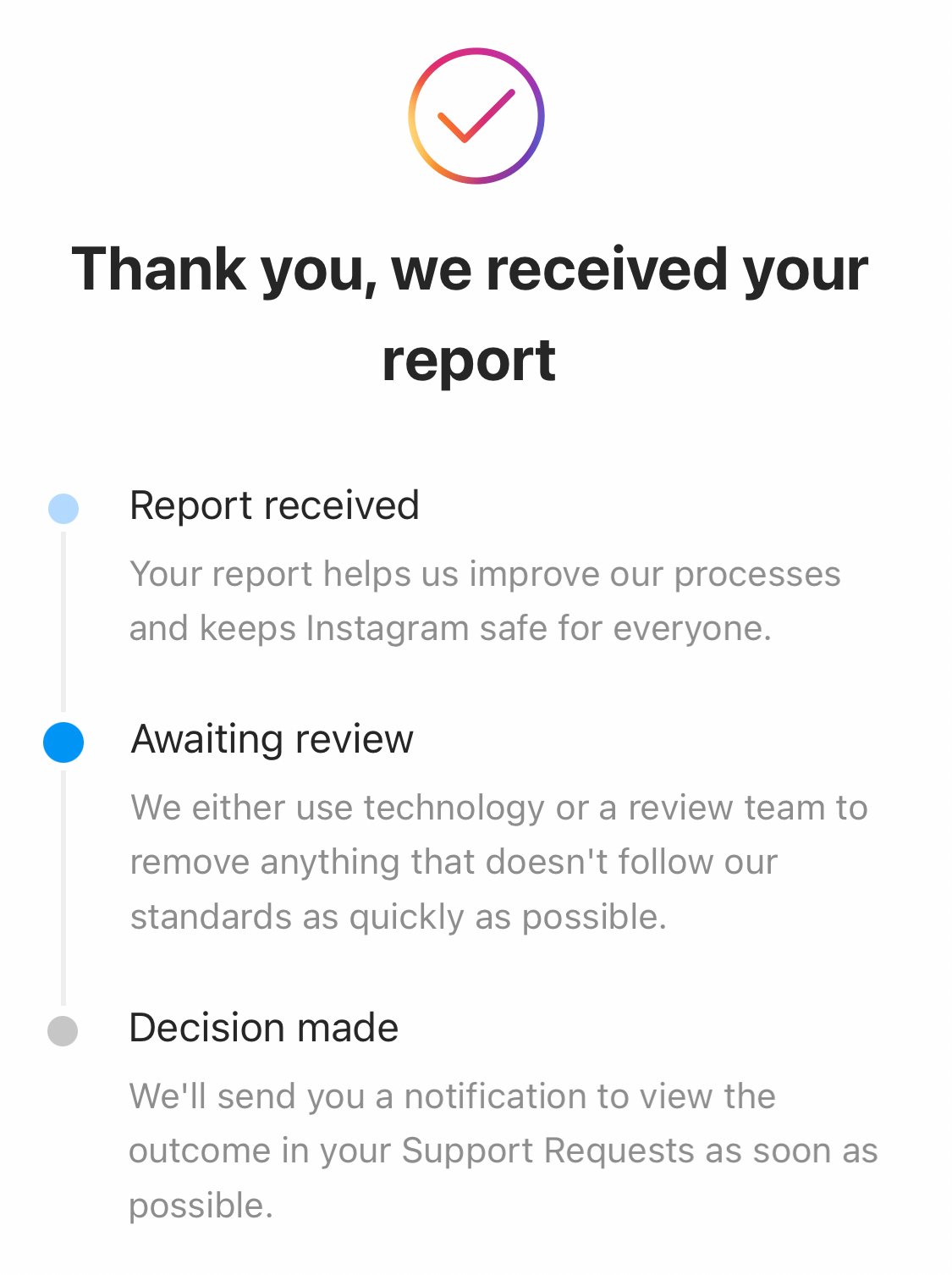 Screenshot of successfully reporting someone on Instagram