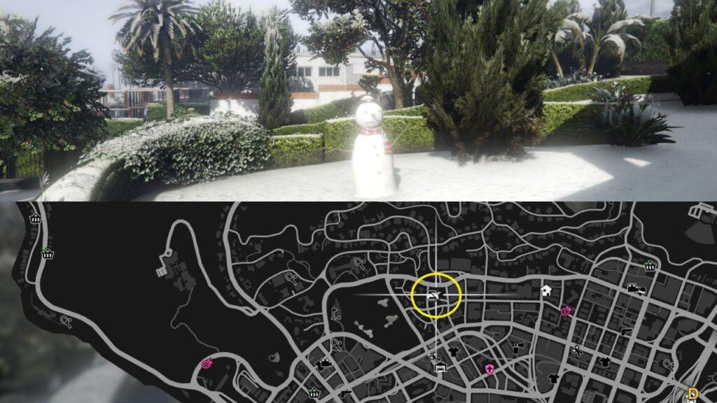 A Snowman and a map of Rockford Hills in GTA Online.