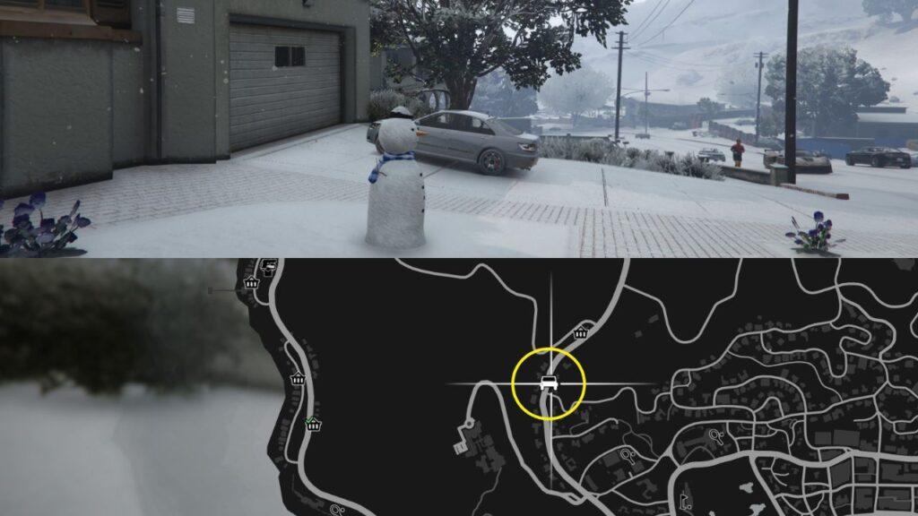 A Snowman and a map of Vinewood Hills in GTA Online.